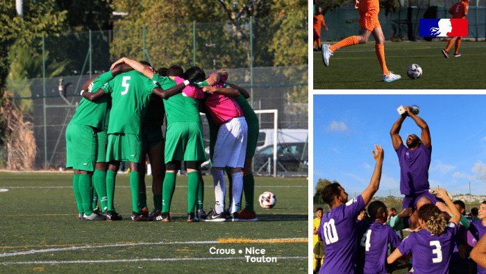 équipes de foot en train de jouer sur un terrain de football. Plusieurs couleurs de maillots : orange, vert et violet. Equipe violette brandissant la coupe de la victoire.