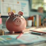 A piggy bank sits on a desk. The piggy bank is wearing glasses and there are pencils and a notebook on the desk. The background is blurry. AdobeStock 811947543